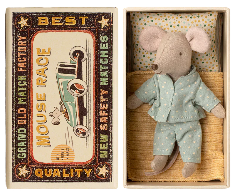 Maileg Princess Mouse, Little Brother in Matchbox - Dot PJ Set